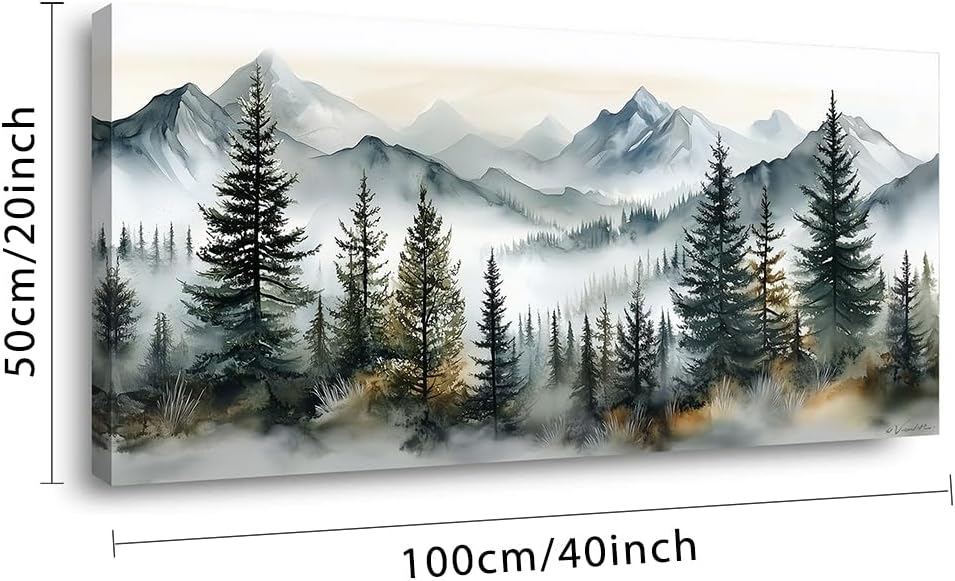 LASMOND Watercolor Forest Wall Art for Living Room Modern Mountain Canvas Painting Prints Foggy Woods Bedroom Landscape Office Wall Art Decor (40x20 Inches)