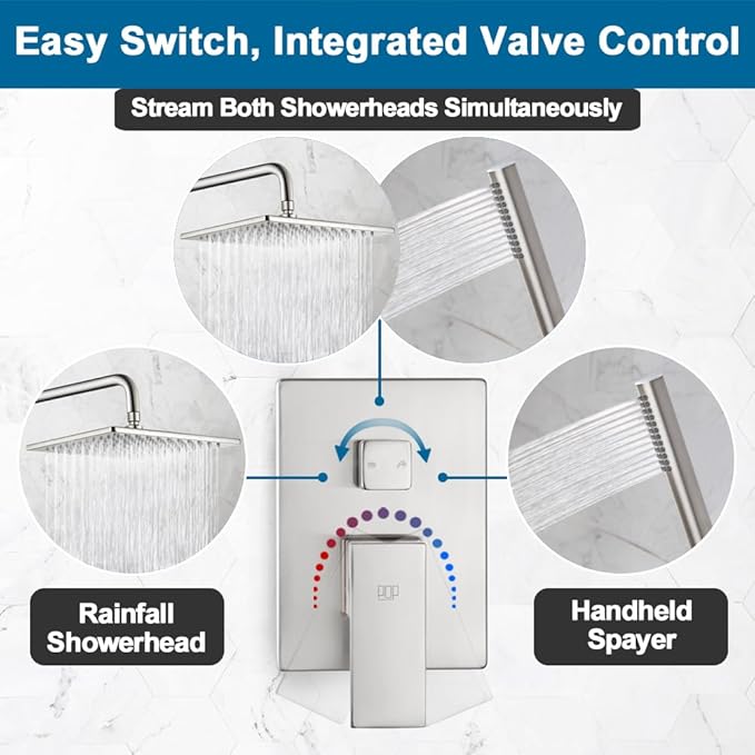 POP SANITARYWARE Shower Faucet Set Brushed Nickel Rainfall 10 Inch Shower Head and Handle Set Bathroom Rain Shower System Wall Mounted Shower Fixture Include Shower Valve and Trim Kit