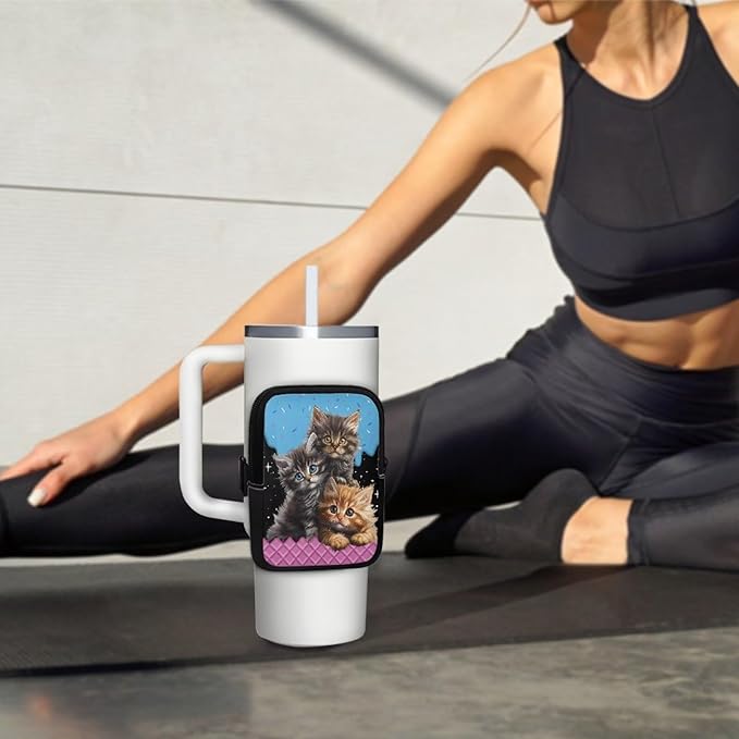 Cat Stanley Cup Pouch with Adjustable Strap Water Bottle Storage Bag 20oz-40oz IceFlow Tumbler Pouch for Stanley Accessories