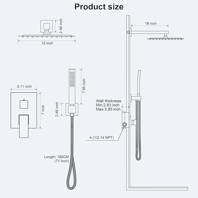Gold Shower Faucet Set, Rainfall Shower System with Rain Shower Head and Handle Set, Wall Mounted Shower Fixtures, Full Metal Trim Repair Kit 12 inch Paint Gold (With Shower Valve)
