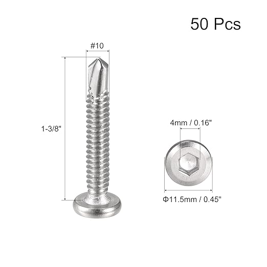 uxcell Hex Socket Self Tapping Screws, #10 x 1-3/8" 410 Stainless Steel Sheet Metal Flat Head Drilling Screw 50pcs, Silver