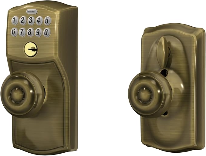 SCHLAGE FE595 CAM 609 GEO Camelot Keypad Entry with Flex-Lock and Georgian Style Knobs, Antique Brass