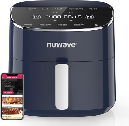 Nuwave Brio Plus Air Fryer 8 Qt, New & Improved, PFAS-FREE, 7 Digital One-Touch Cook Functions that AIR FRY, BAKE, ROAST, DEHYDRATE, TOAST, REHEAT, PREHEAT, 150 Presets, 50°F~400°F (Deep Blue)