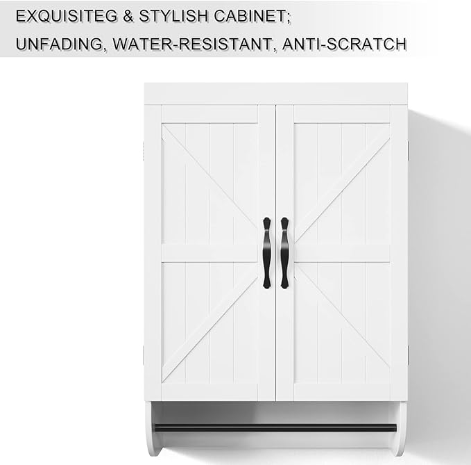 SRIWATANA Bathroom Storage Wall Cabinet Over The Toilet with Adjustable Shelf, Space Saver 2-Door Medicine Cabinet with Metal Bar, White