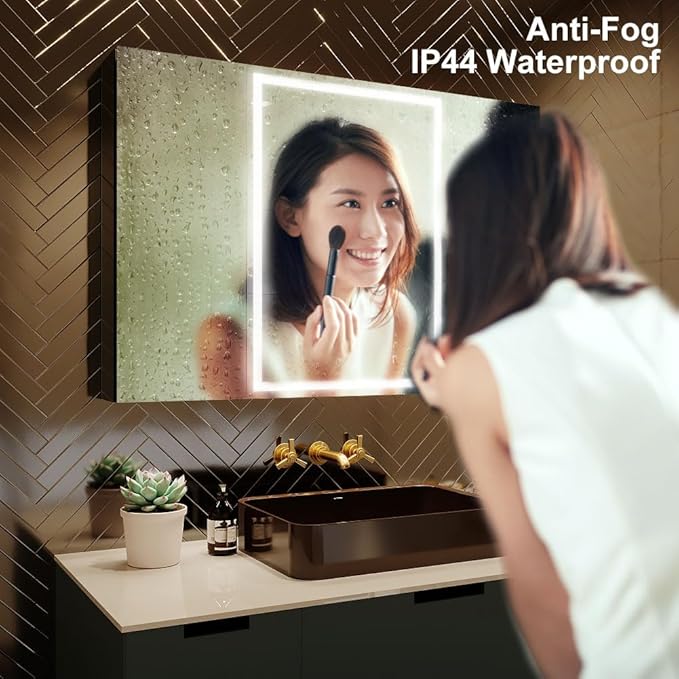 LED Lighted Bathroom Medicine Mirror Cabinet with Sockets & USBs, Anti-Fog Dimmable Light and Color Adjustment, Antirust and Easy to Install Aluminum Cabinet (Touch Screen, 28" L x 40" W)