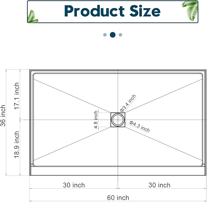 ELEGANT Shower Base 60'' L x 36'' W x 4'' H Center Drain, Single Threshold Shower Base, Non-Slip Shower Pan, Stainless Steel Drain Cover Included