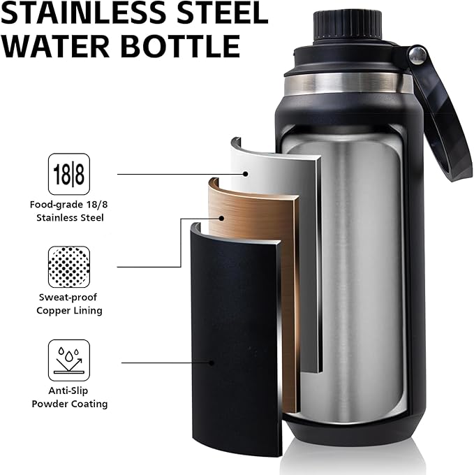 Greylock 20 oz Black Water Bottle Insulated with Straw Lid, Reusable Metal Water Bottle Stainless Steel with Carry Handle for Travel,Sports, BPA-Free Leak Proof When Closed, Cold for 24 Hours