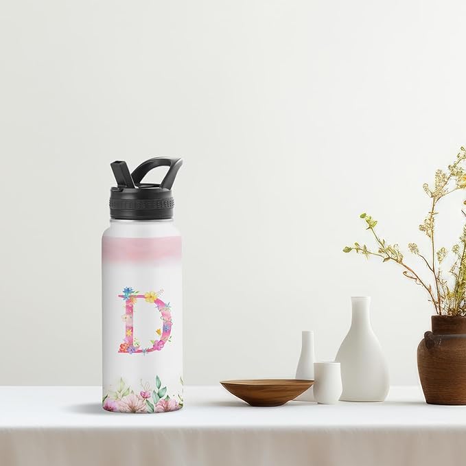 Personalized 32oz Water Bottle with Straw Customized Initial Letter Sport Bottles Monogrammed Initial Insulated Bottle Coffee Mug for Travel (D)