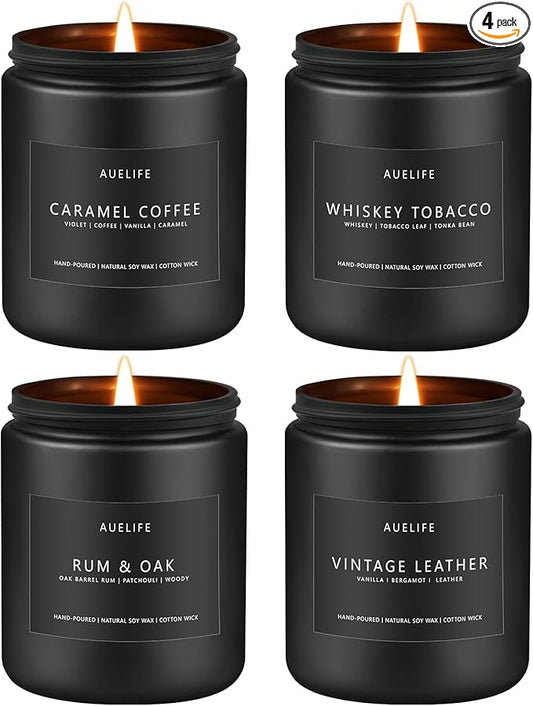 Scented Candles Set | Gifts for Men - 4Pack Candle Masculine Candle, Soy Candles for Home Scented, Aromatherapy Gifts Scents of Caramel Coffee/Whiskey Tobacco/Rum & Oak/Vintage Leather