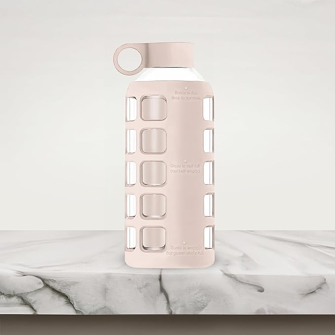 purifyou Premium 40/32 / 22/12 oz Glass Water Bottles with Volume & Times to Drink, Silicone Sleeve & Stainless Steel Lid Insert, Reusable Bottle for Fridge Water, Milk, Juice (22oz Hazelnut)