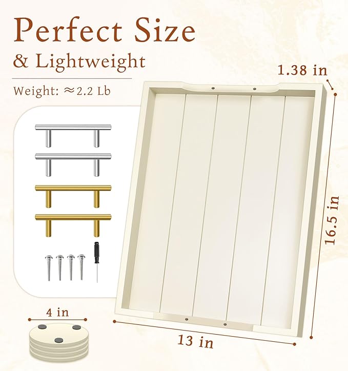 Coffee Table Tray - Large Ottoman Tray for Living Room - Wood Serving Trays with Handles(2 Sets) - Wooden Trays for Coffee Table, 4 Round Coasters Included, Off-White