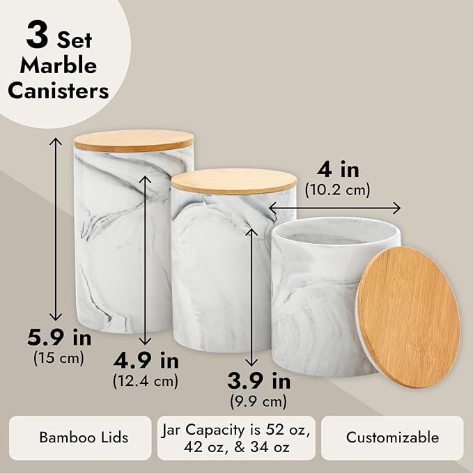 Farmlyn Creek Sugar & Coffee Container Set 3-Piece - White Marble Finish Ceramic Jar Set - Airtight Wood Lids - Ceramic Containers with Lids for Countertop Storage (5.9"/4.9"/3.9)