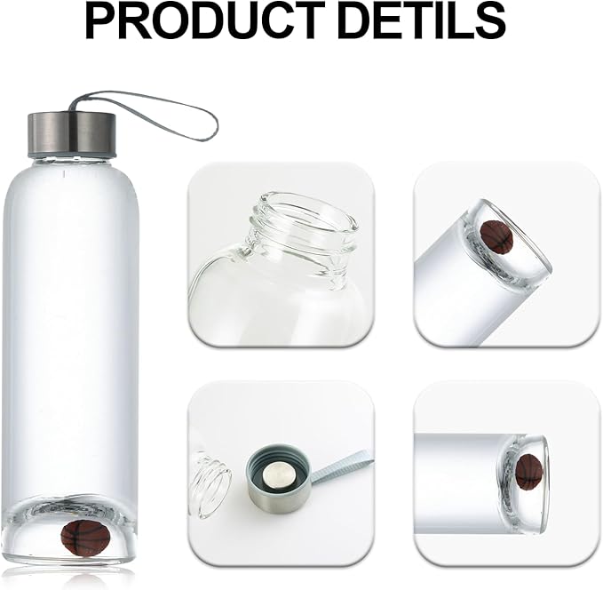 Crazy Music 32 oz Clear Glass Water Bottles,Reusable Glass Juicing Bottles with Stainless Steel Leak Proof Lids -16 oz Sports Water Bottle with Time Marker for Gym, Sports, Outdoors(32 Oz Gold