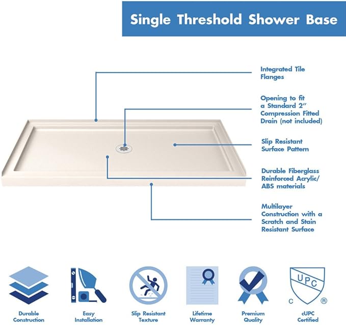 DreamLine SlimLine 32 in. D x 60 in. W x 2 3/4 in. H Center Drain Single Threshold Shower Base in Biscuit, DLT-1132600-22