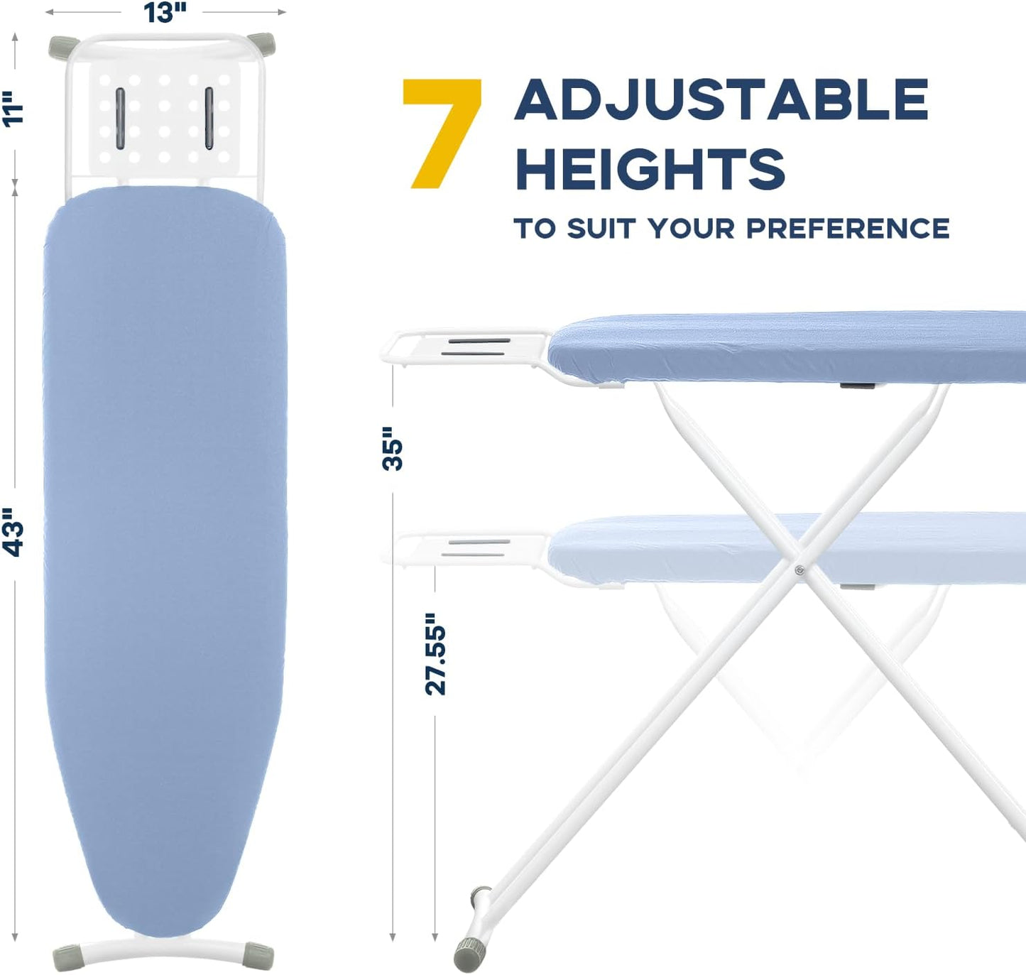 Full Size Ironing Board with Iron Rest, Heavy Duty Compact Ironing Board 43"x13" with Thick Cover and Pad, Height Adjustable Sturdy Iron Stand, Blue