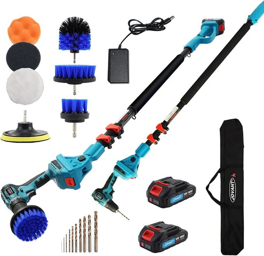 Cordless Telescoping Power Drill&Cleaning Tools with 2-Max 20V Batteries and 2.0A Charger 2-in-1 Cordless Pole Drill and Cleaning Brush from 5.3 to 15ft&Head Pivots 180° Telescoping Pole
