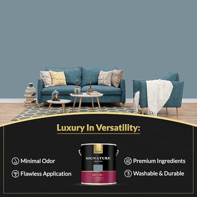 EVOLVE Signature Paint & Primer: Luxury Paint & Primer for Indoor & Outdoor Surfaces, Minimal Odor, Eggshell Sheen (Chalk Blue, 1 Gallon)