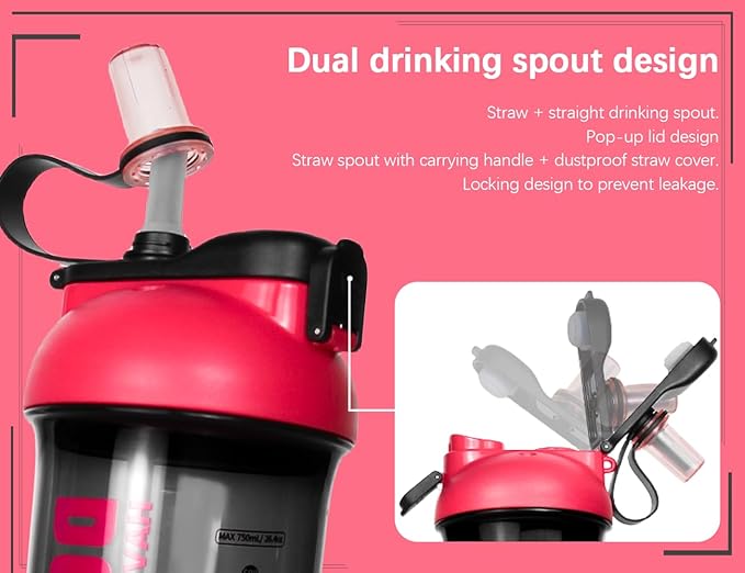 Litex Shaker Bottles for Protein Shakes, 26oz Blender Shaker Bottle for Pre-Workout,Shaker Cups with Straw, BPA-free Tritan Mixer Bottles for Protein Powder,with Cup Brush and Instructions (Rose red)