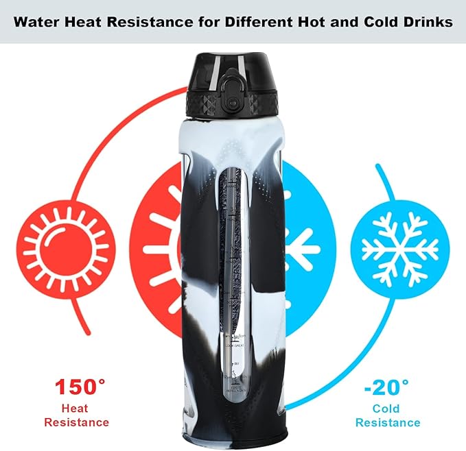 GOPPUS Glass Water Bottles with Straw and Flip Lid, Motivational Water Bottles with Time Marker Reminder and Silicone Sleeve, Leakproof, BPA Free (32 oz, Black and White)