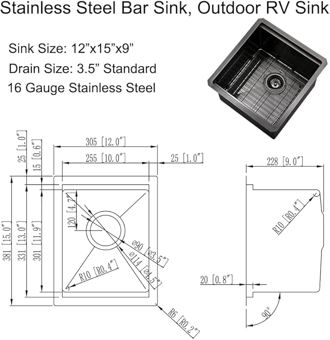 Black Undermount Bar Sink, 12 x 15 Inch Black Stainless Steel Undermount Small Basin Wet Bar Single Bowl RV Kitchen Sink with Cutting Board