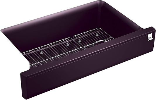 KOHLER K-25784-CM8 Cairn 34" Neoroc Composite Undermount Single-Bowl Kitchen Sink, Farmhouse Kitchen Sink with Short Apron, Matte Black Plum