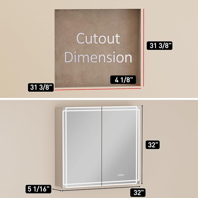 Buruis 32'' x 32'' Medicine Cabinet with Lights and Mirrors, Recessed or Wall Mounted Modern Bathroom Cabinet with 3-Mode Light, Anti-Fog, Dimmable, Memory Function, Outlet, Silver