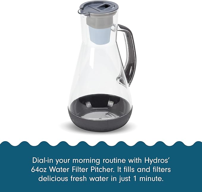 Hydros 64 Ounce Water Filter Pitcher with Patented Fast Flo Tech, 60 Second Quick Fill-Up and BPA-Free Recyclable Filter, Eight Cup Capacity, Grey