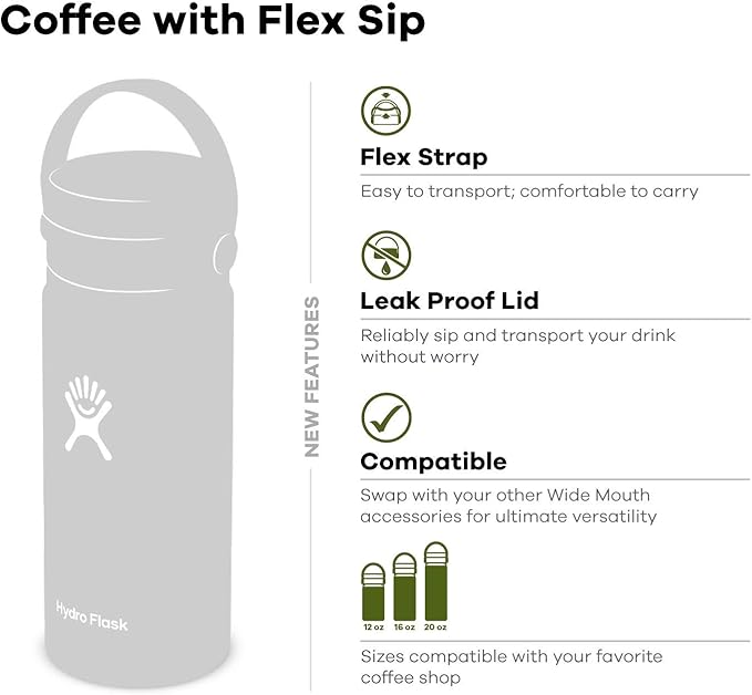 Hydro Flask Stainless Steel Wide Mouth Bottle with Flex Sip Lid and Double-Wall Vacuum Insulation for Coffee, Tea and Drinks
