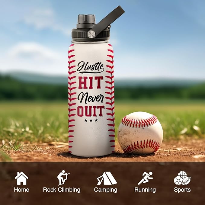 SANDJEST Baseball Water Bottle 32oz Hustle Hit Never Quit Stainless Steel Insulated Bottles for Men Women Sports Lovers Baseball Fan Players Coach Baseball Gifts for Birthday Christmas