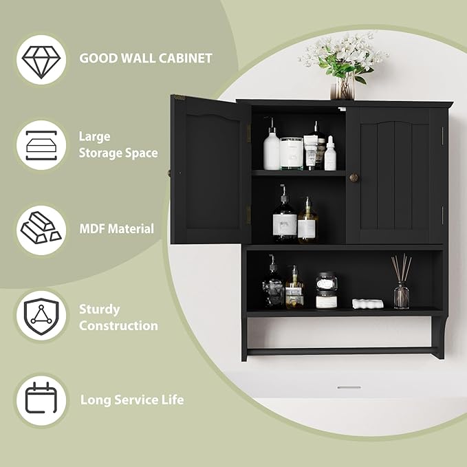 Smuxee Black Bathroom Cabinet Wall Mounted with Towels Bar, Medicine Cabinet with 2 Door Adjustable Shelves, Over Toilet Cabinet for Bathroom Laundry Room Kitchen