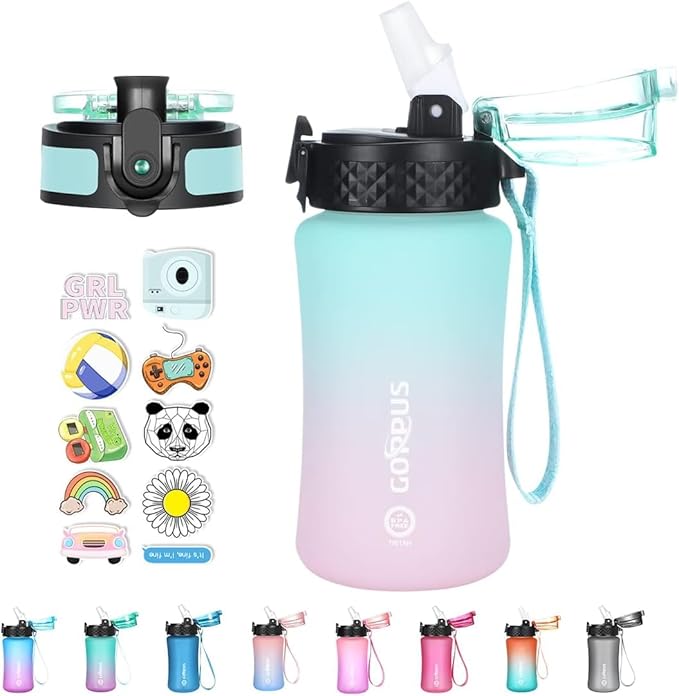 GOPPUS Kids Water Bottle with Straw Spout Lid 10pcs Stickers 12 oz Leak-proof BPA Free Motivational Time Marker Tritan Plastic Water Bottles for Girls Boys School Sports