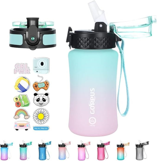 GOPPUS Kids Water Bottle with Straw Spout Lid 10pcs Stickers 12 oz Leak-proof BPA Free Motivational Time Marker Tritan Plastic Water Bottles for Girls Boys School Sports