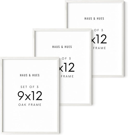 HAUS AND HUES Set of 3 9x12 Picture Frame - 9x12 Frame Wooden Picture Frames, 9 X 12 Frame Natural Wood Picture Frames, 12x9 Picture Frame Set Wooden Frames, 9 X 12 Picture Frame (White Oak Frame)
