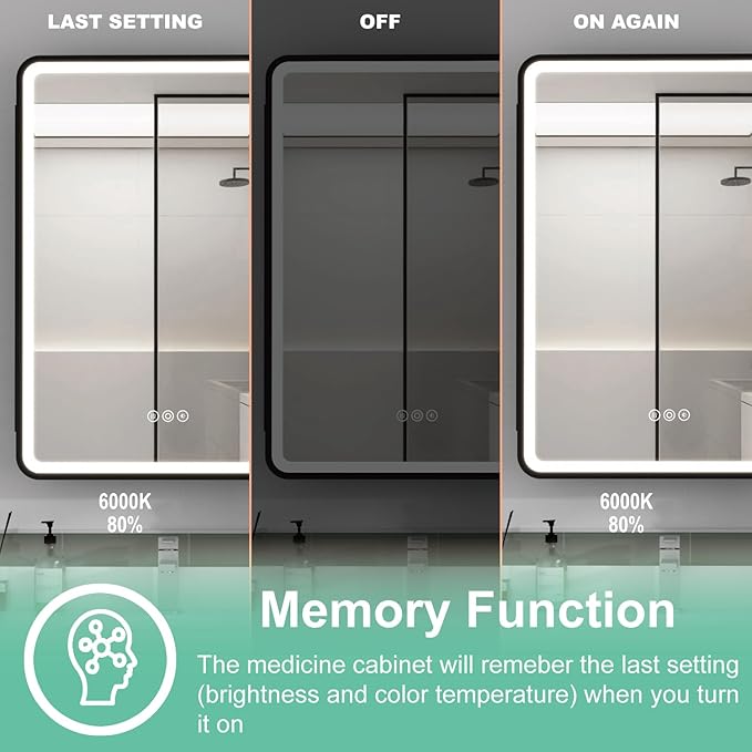 24x30 Inch Medicine Cabinet with Mirror, Recessed or Surface Mount Bathroom Medicine Cabinet with LED Lights, Anti-Fog, Memory Function, Adjustable Shelf, Dimmable Light, ETL Listed, Black,Right Hinge