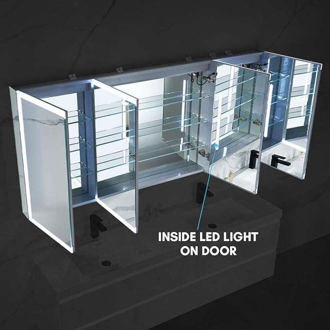 Blossom LED Mirror Medicine Cabinet with Lights, 72x32 Inch | Wall Mounted LED Lighted Bathroom Medicine Cabinet | Recessed or Surface with Defogger, 3 Color Dimmer | Makeup Mirror with Lights