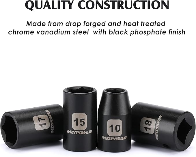 MIXPOWER 17 Pieces 1/2-Inch Drive Shallow Impact Socket Set, Includes 10mm to 32mm, 5", 10" Extension bars, CR-V, 6 Point Metric Socket Set