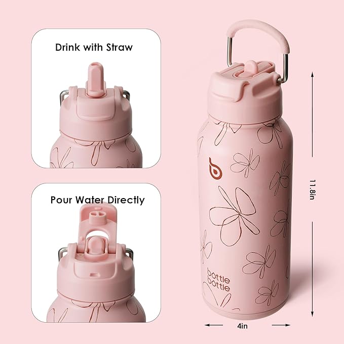 BOTTLE BOTTLE 32oz Insulated Water Bottle Stainless Steel Sport Water Bottle with Straw Dual-use Lid Design for Gym with Pill Box (pink flower)