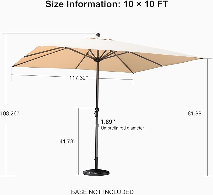 PURPLE LEAF 10' x 10' Square Patio Umbrella Outdoor Table Umbrella Aluminum Frame Market Umbrella Sun Umbrella with 8 Sturdy Ribs for Garden Deck Lawn & Pool Beige