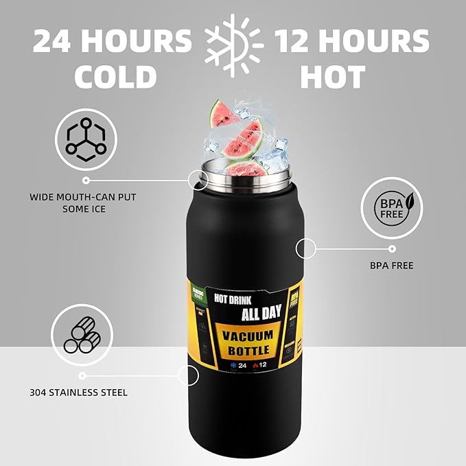 50oz/1.5L Insulated Sports Water Bottle, Stainless Steel Double Wall Water Jug with Handle, 2-in-1 Chug Spout and Straw Lid with Lock Cover for School, Outdoor, Sports & Travel, Black