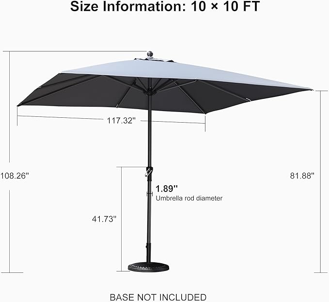 PURPLE LEAF 10' x 10' Square Patio Umbrella Outdoor Table Umbrella Aluminum Frame Market Umbrella Sun Umbrella with 8 Sturdy Ribs for Garden Deck Lawn & Pool Light Gray