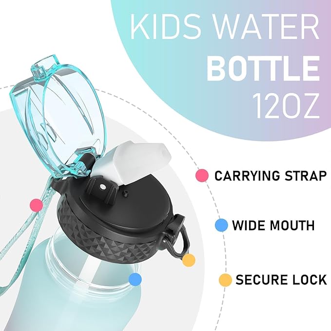 GOPPUS Kids Water Bottle with Straw Spout Lid 10pcs Stickers 12 oz Leak-proof BPA Free Motivational Time Marker Tritan Plastic Water Bottles for Girls Boys School Sports
