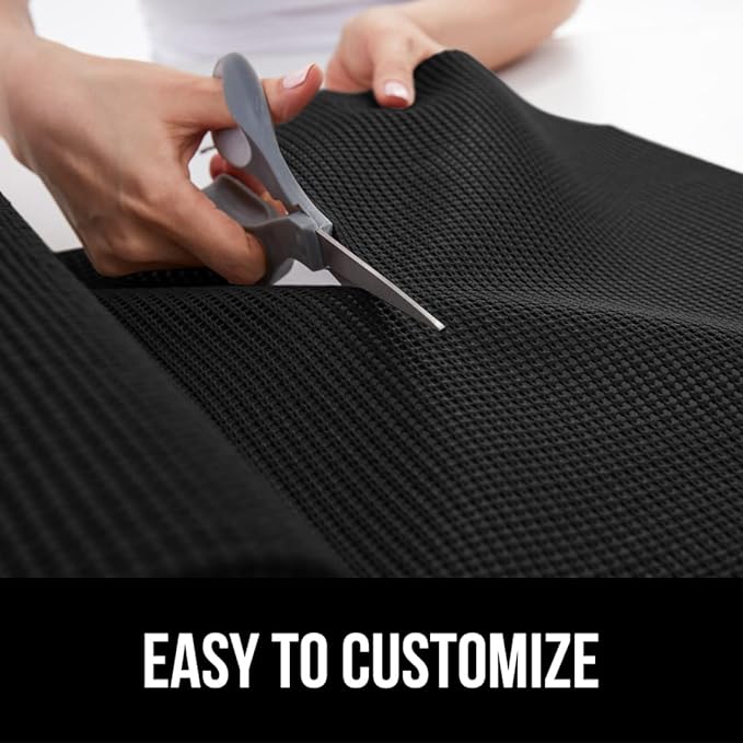 Gorilla Grip powerGRIP Drawer Shelf and Cabinet Liner, Thick Strong Hold, Non-Adhesive Liners Protect Kitchen Cabinets and Cupboard, Bathroom Drawers, Easy Install, Breathable Mat, 12" x10', Black