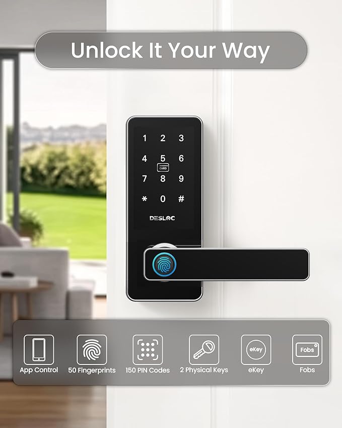 DESLOC B200L Fingerprint Smart Lock with Handle, Keyless Entry Door Locks, App Control, Touchscreen Keypad, 100 PIN Codes, Auto-Lock, 12-Month Battery, Emergency Power Port, IP54 Silver