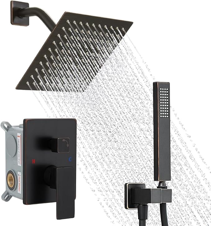 Oil Rubbed Bronze Shower System, 8 Inch High Pressure Rain Shower with Handheld, Wall Mount Shower Faucet Set for Bathroom, Rough-in Valve Body and Trim Included
