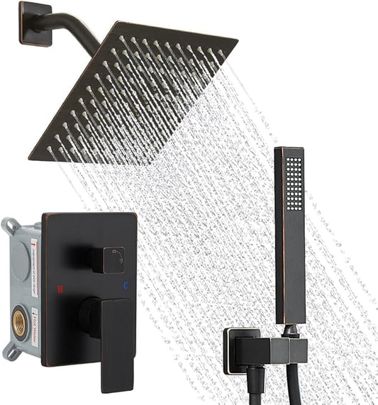 Oil Rubbed Bronze Shower System, 8 Inch High Pressure Rain Shower with Handheld, Wall Mount Shower Faucet Set for Bathroom, Rough-in Valve Body and Trim Included