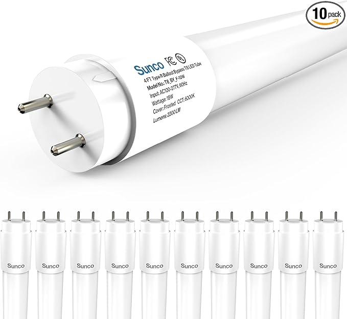 Sunco 10 Pack T8 LED Bulbs 4 Foot, LED Fluorescent Tube Replacement, 4ft LED Tube Light, Ballast Bypass, 2200 LM, 18W, 6000K Daylight Deluxe, Single Ended Power, Frosted Lens, UL