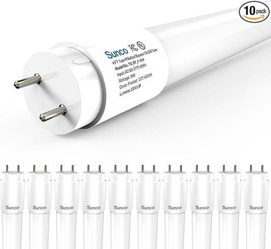 Sunco 10 Pack T8 LED Bulbs 4 Foot, LED Fluorescent Tube Replacement, 4ft LED Tube Light, Ballast Bypass, 2200 LM, 18W, 6000K Daylight Deluxe, Single Ended Power, Frosted Lens, UL
