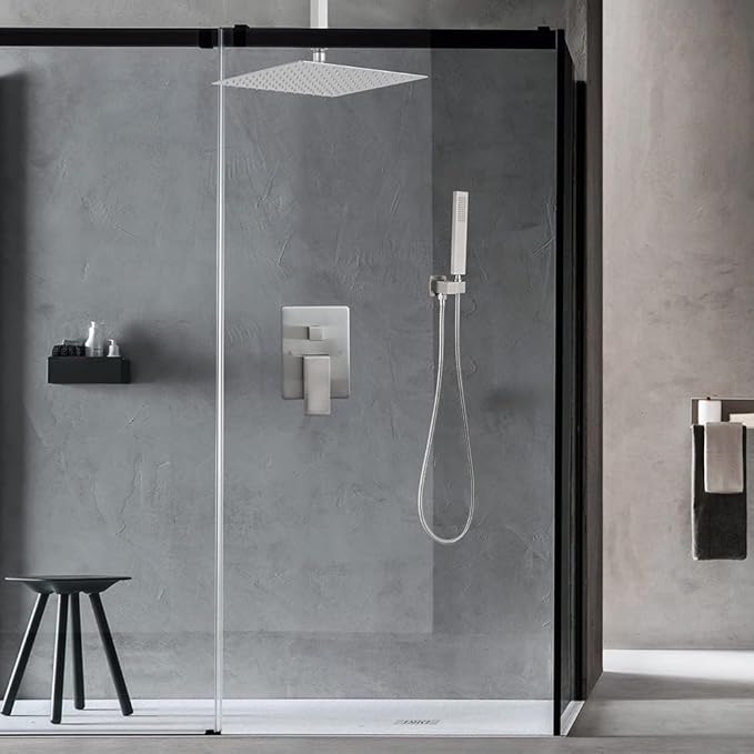 16 Inch Ceiling Mount Brushed Nickel Shower System Bathroom Luxury Rain Mixer Shower Combo Set Ceiling Rainfall Shower Head System (Contain Shower Faucet Rough-in Valve Body and Trim)