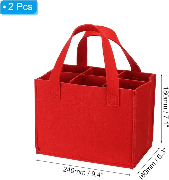 PATIKIL 6 Bottle Wine Carrier Tote Bag, 2 Pack Wine Bottle Carrying Bag with Divider Reusable Wine Storage Bag Felt Grocery Bags Portable Gift Bag, Red
