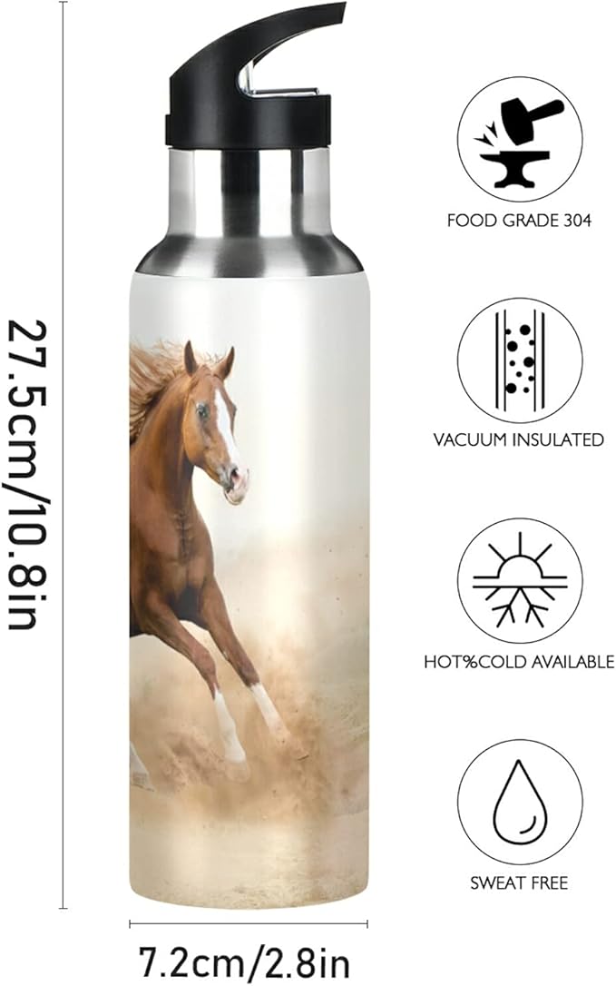 xigua Running Arabian Horse Water Bottle, BPA Free Stainless Steel Water Bottle Leak-Proof Sports Bottle for Camping Workouts Gym and Outdoor Activity, 22oz